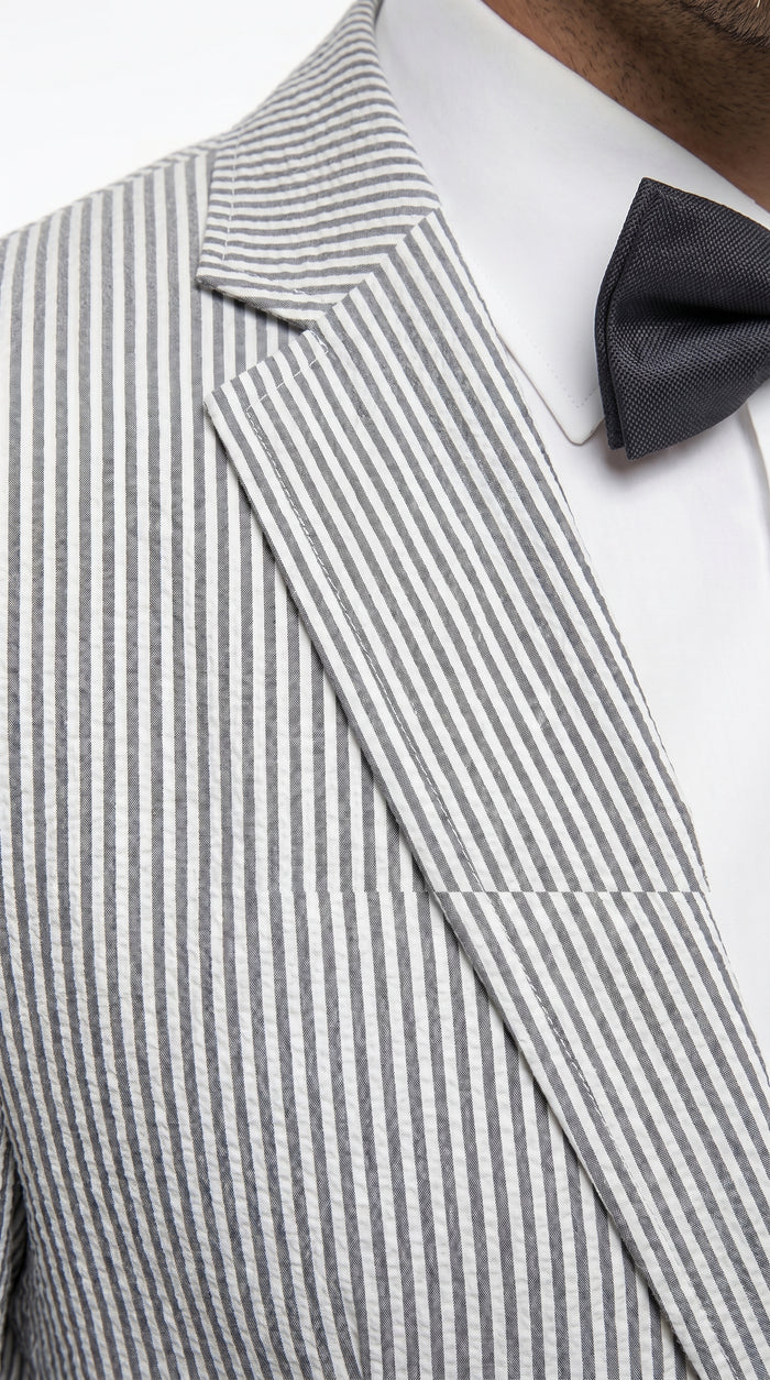 Men’s Gray Seersucker Suit, Lightweight Summer Wedding Prom Dress Suit