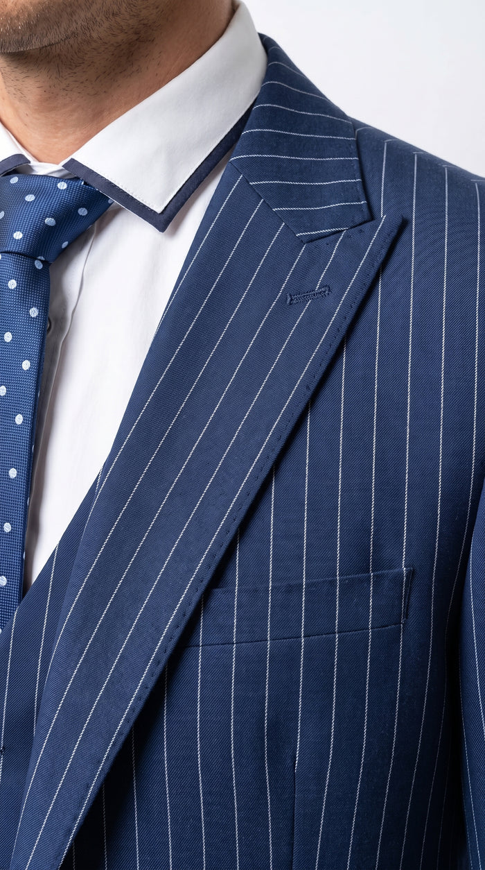 Men’s Navy Blue Vested Bold Gangster Pinstripe Suit, 3 Piece Formal 1920s Dress Suit