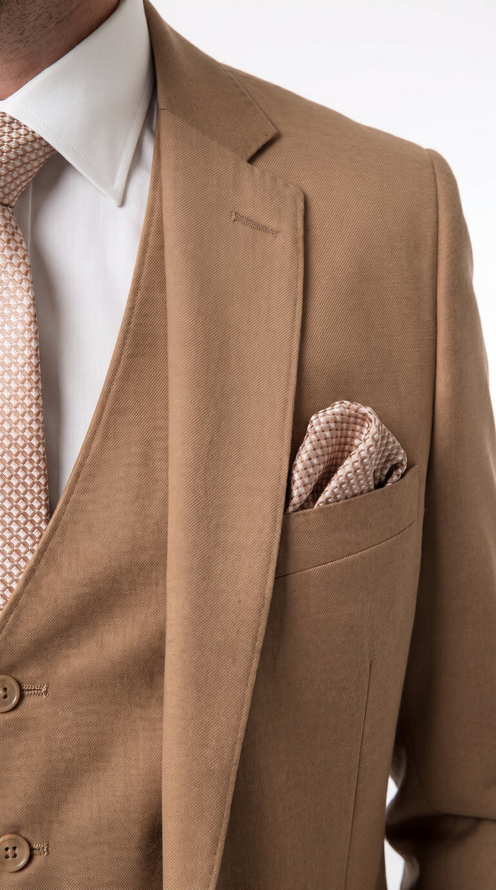 Men’s Caramel 2 Button Modern Fit Vested Wool Suit, Formal Wedding Business Dress Suit
