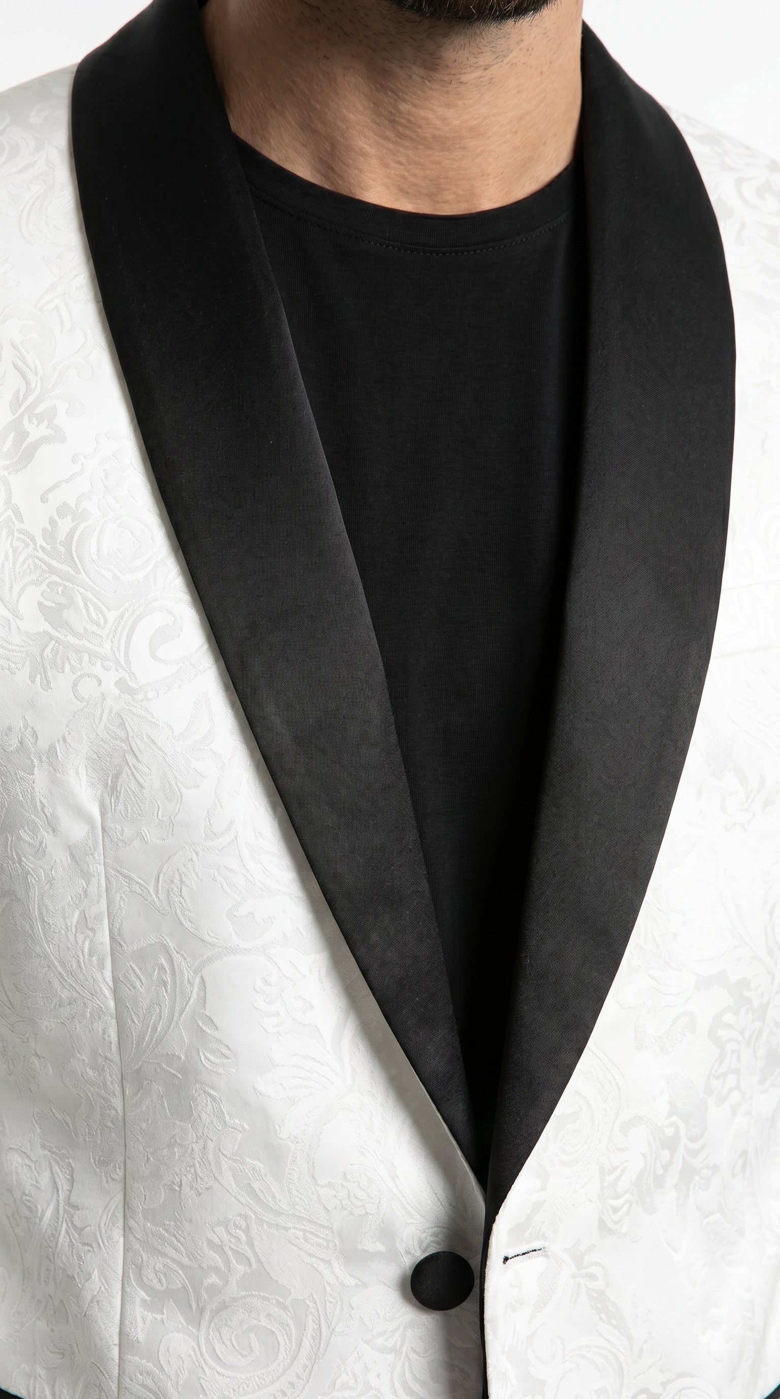 Men’s White Two Tone Paisley Blazer with Black Shawl Lapel, Formal Dinner Jacket