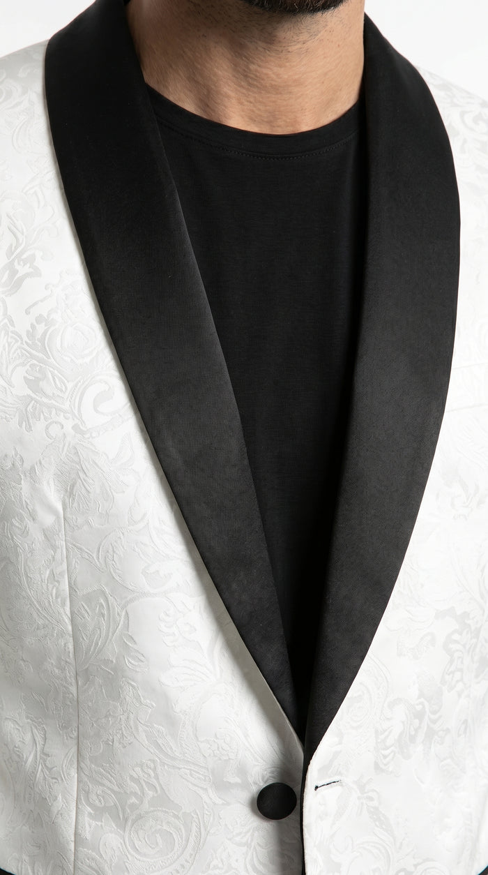 Men’s White Two Tone Paisley Blazer with Black Shawl Lapel, Formal Dinner Jacket