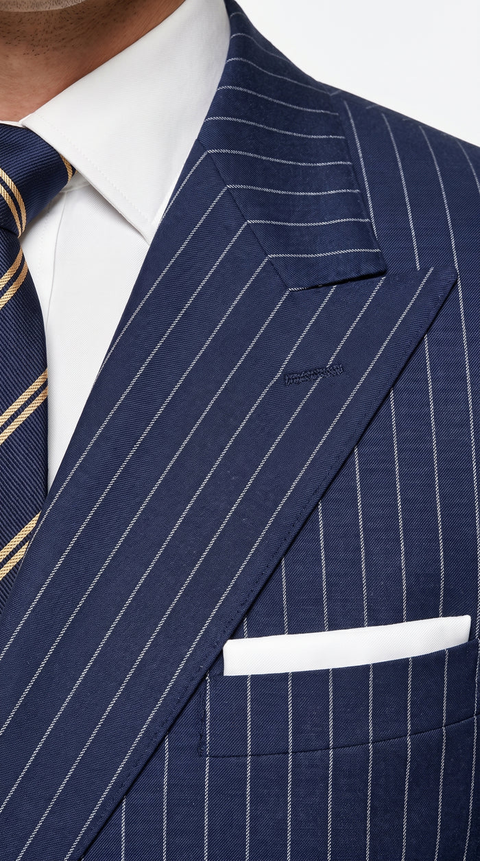 Men’s Navy Blue Double Breasted Pinstripe Suit, 100% Wool Formal Dress Suit