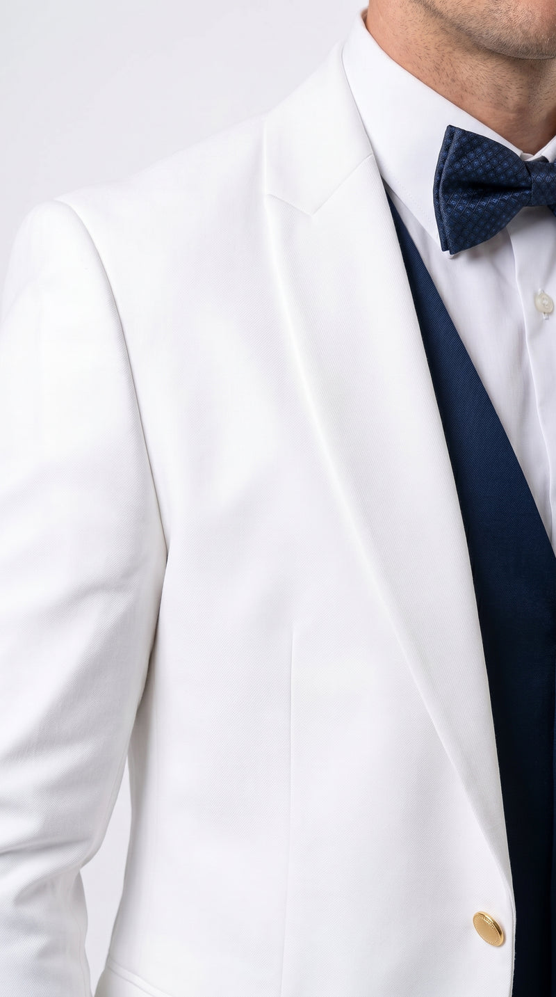 Men’s White and Navy Blue Wedding Suit, White Dinner Jacket with Navy Vest, Pants and Bow Tie