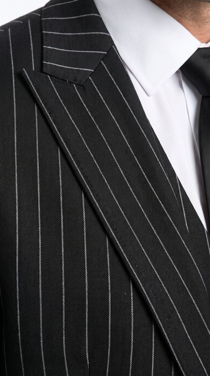 Men’s Black 2 Button Gangster Pinstripe Suit with Vest, Mobster Mafia Style Formal Suit