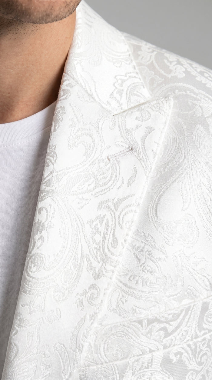 Men’s White Paisley Blazer, Formal Dinner Jacket for Wedding Prom and Special Events