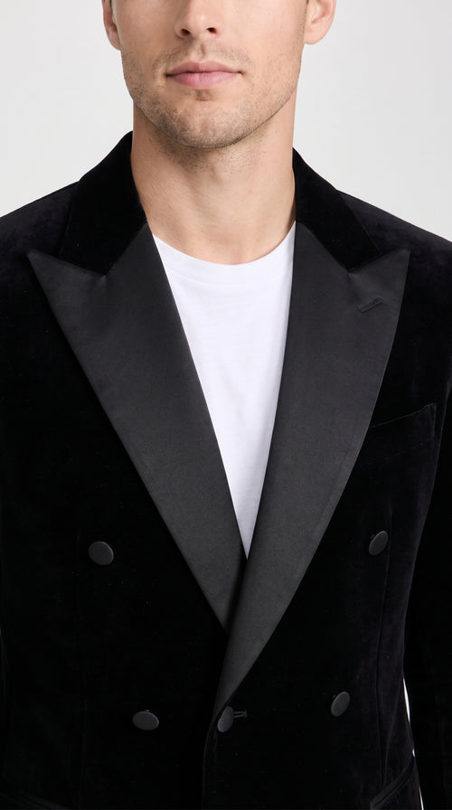 Men’s Black Velvet Double Breasted Blazer with Satin Peak Lapel, Formal Tuxedo Dinner Jacket