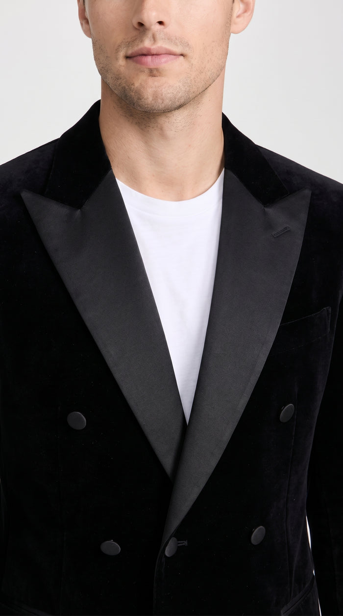 Men’s Black Velvet Double Breasted Blazer with Satin Peak Lapel, Formal Tuxedo Dinner Jacket