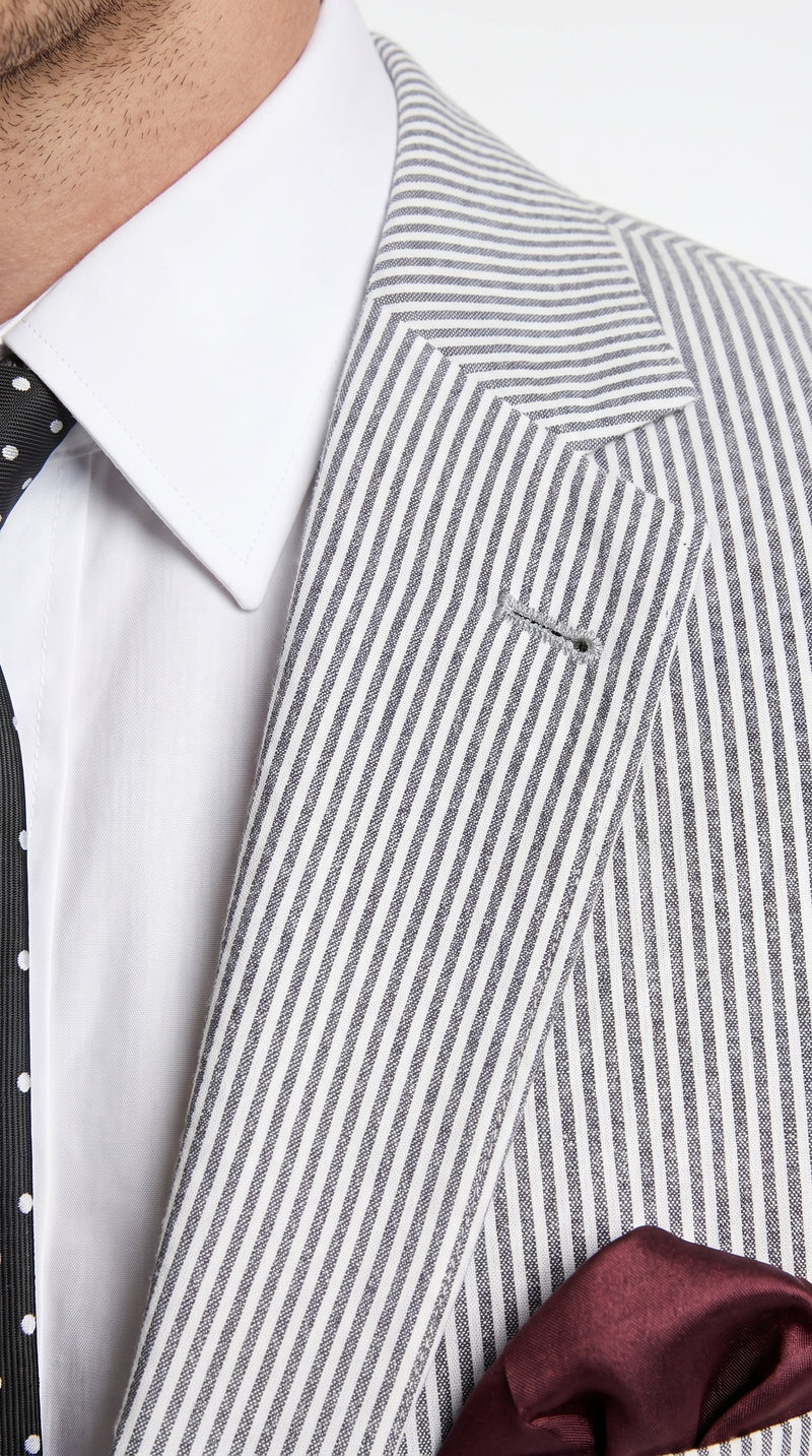 Men’s Black Pinstripe 2 Piece Seersucker Suit, Summer Modern Fit Dress Suit