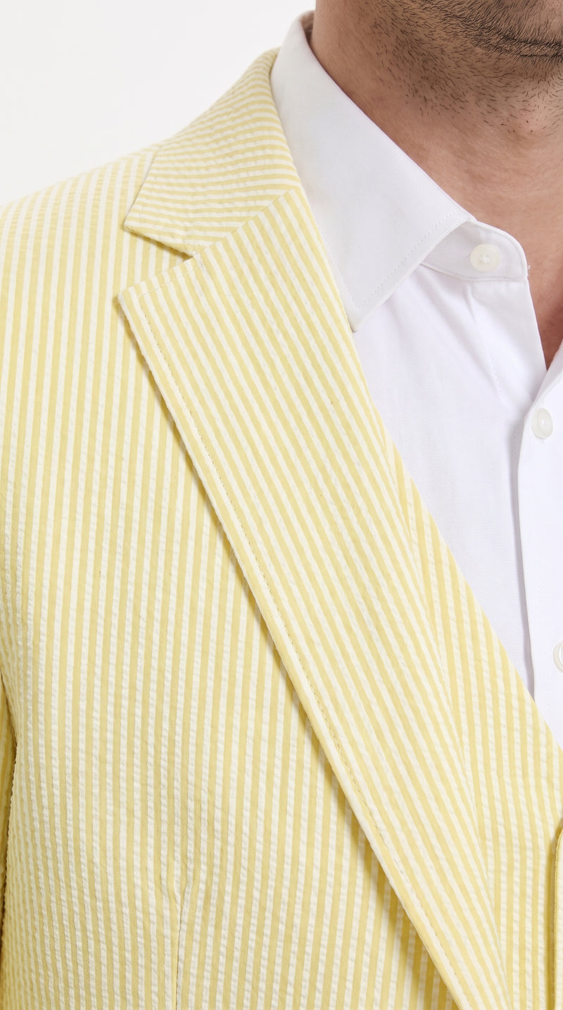 Men’s Yellow Pinstripe Seersucker Suit – 3-Piece Summer Wedding Suit with Jacket, Vest & Pants