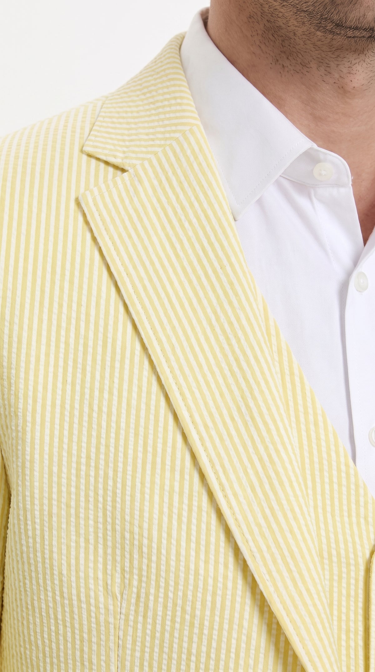 Men’s Yellow Pinstripe Seersucker Suit – 3-Piece Summer Wedding Suit with Jacket, Vest & Pants