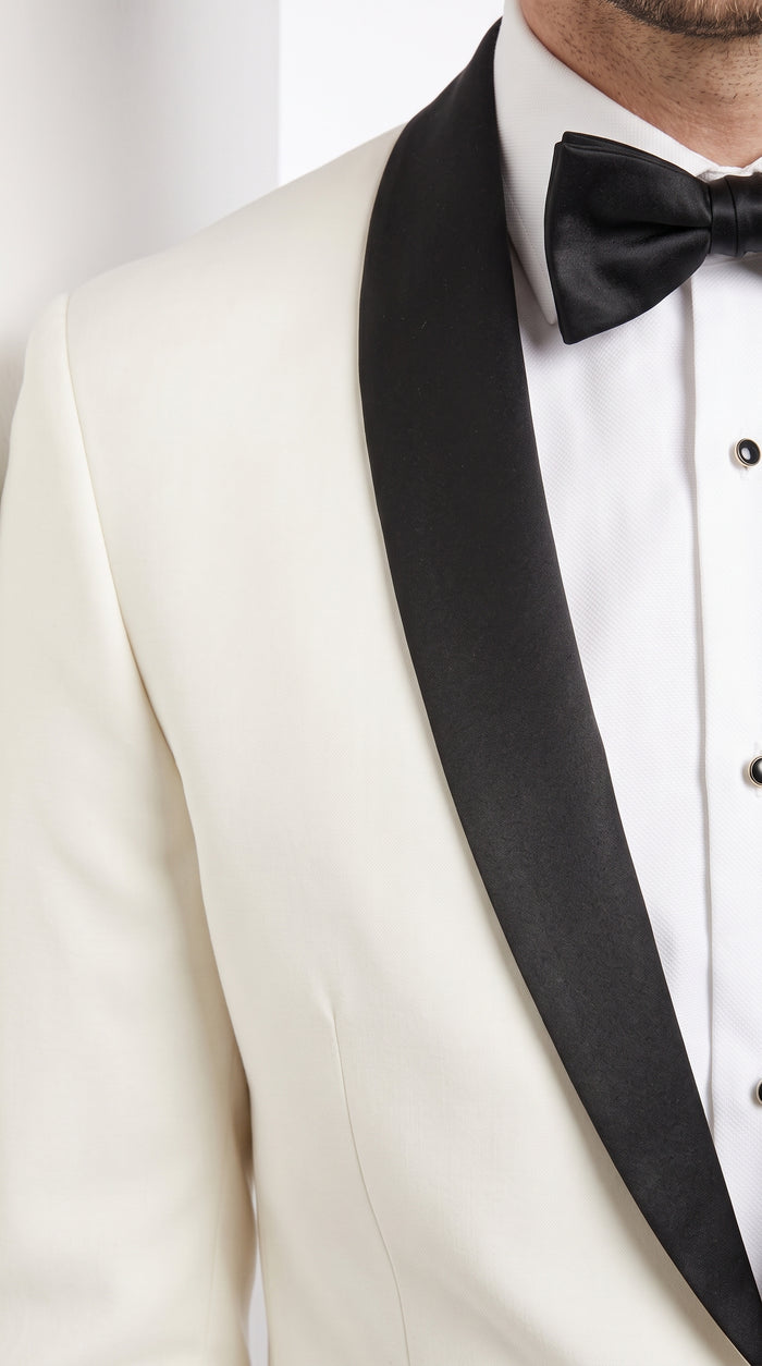 Men’s Designer Ivory and Black Satin Shawl Dinner Jacket, Formal Tuxedo Evening Jacket