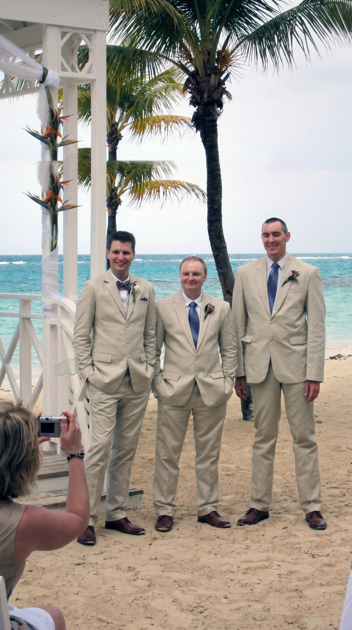 Men’s Tan Slim Fit 3 Piece Beach Wedding Suit with Vest, Summer Formal Dress Suit