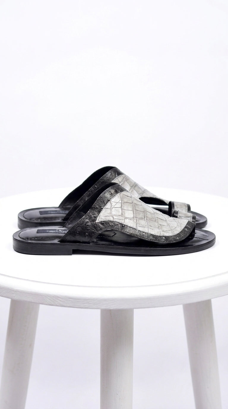 Corrente 5831 Men’s Exotic Crocodile Sandals – Black & Grey