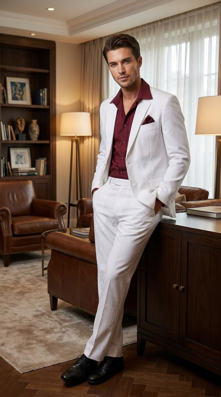 Men’s White Scarface Inspired Suit with Red Shirt, Tony Montana Style Costume Party Suit
