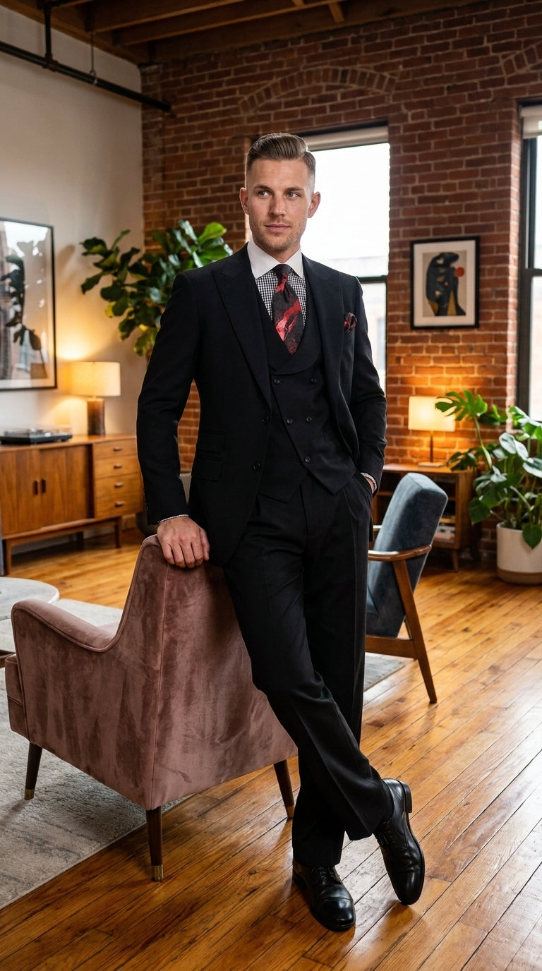 Men’s Black 100% Wool Super 150s Suit, Classic Fit Athletic Cut with Double Breasted Vest and Pleated Pants