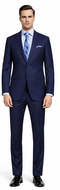 Navy blue, two-button suit (slim/modern fit). Structured jacket, straight-cut trousers. Smooth, refined fabric. Jacket has two front pockets. Paired with light blue shirt, striped tie.
