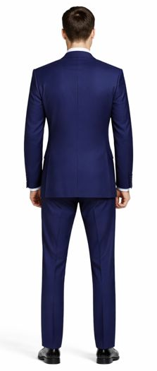 Navy two-button slim fit suit. Smooth, tailored fabric, fitted back with a single vent. Narrow lapels for a modern design.
