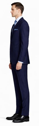 Navy slim-fit two-button suit with a structured blazer and tailored trousers. Deep navy color with a smooth, subtly sheened fabric and a straight silhouette.
