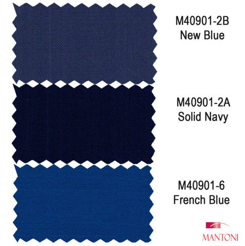 Three Albertonardoni suit fabric swatches: New Blue (medium), Solid Navy (dark), and French Blue (vibrant). All are smooth-finish fabrics suitable for Mantoni 2-button slim/modern fit suits.