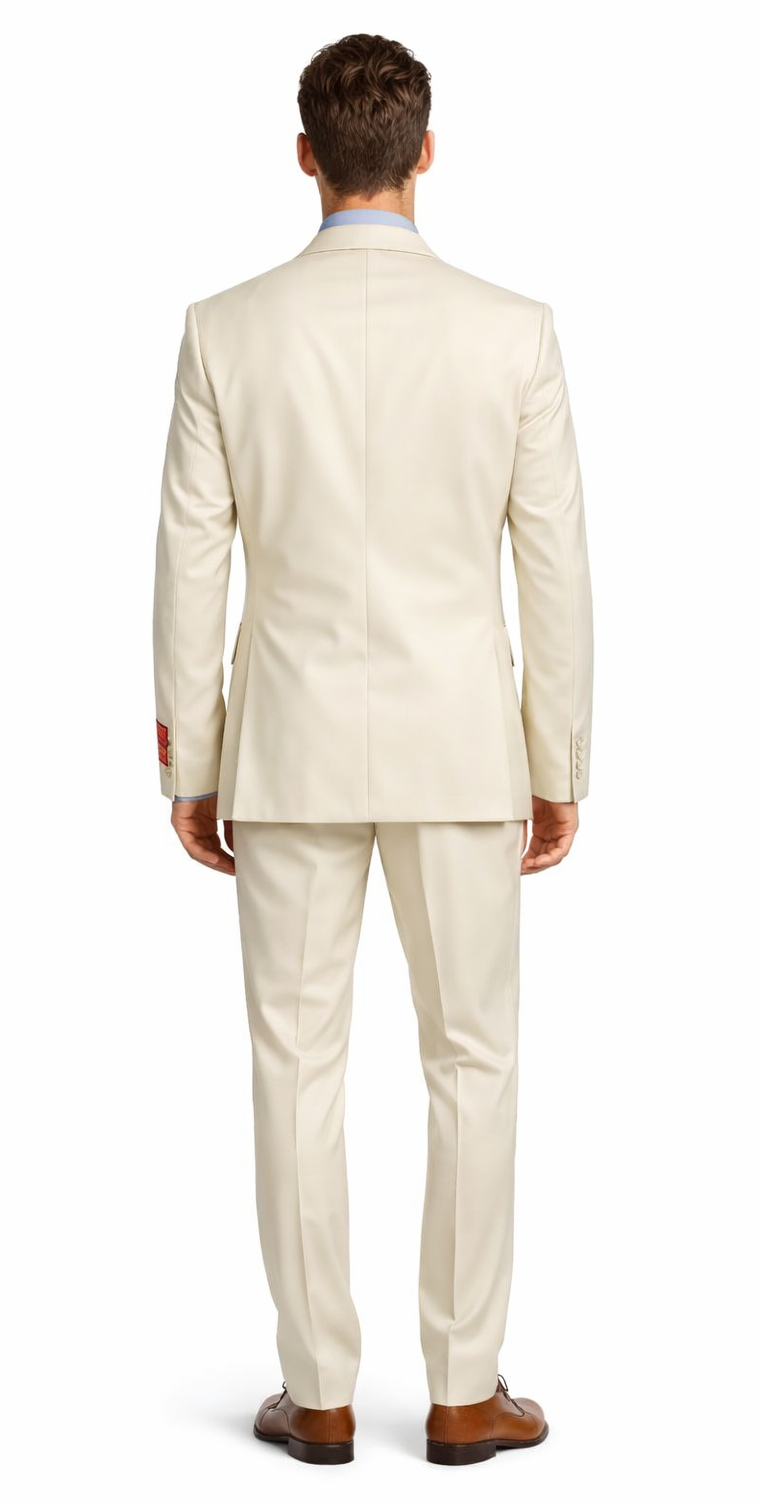 Mantoni beige wool suit: tailored fit, structured silhouette. Two-button jacket, single vent. Flat-front, tapered trousers. Solid beige. Paired with brown shoes.
