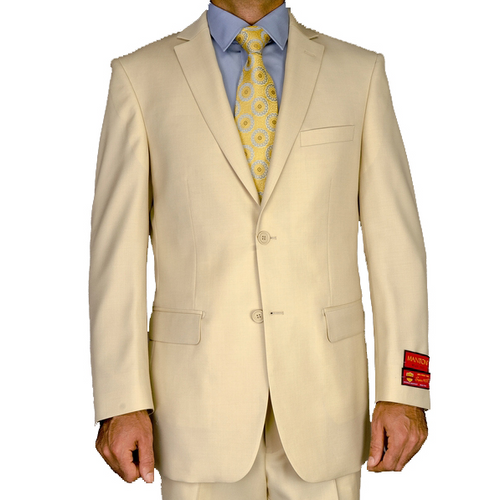 Mantoni beige wool suit. Light beige color, structured shape, two-button front. Features a chest pocket, side pockets, notch lapel, and buttoned sleeves. Classic and elegant.
