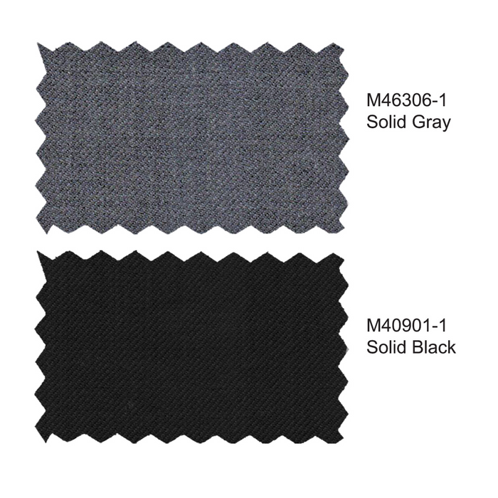 Gray suit swatch above, black below. Both exhibit textured, woven patterns.
