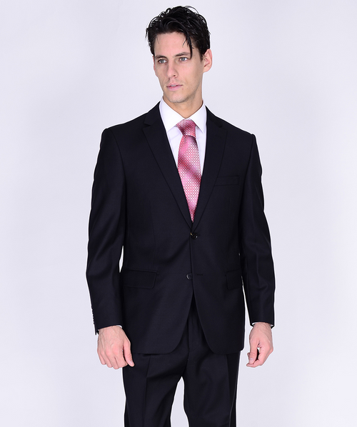 Black, slim-fit suit with notched lapel. Two-button closure, single chest pocket, two front pockets. Smooth material, structured shape for a tailored look.
