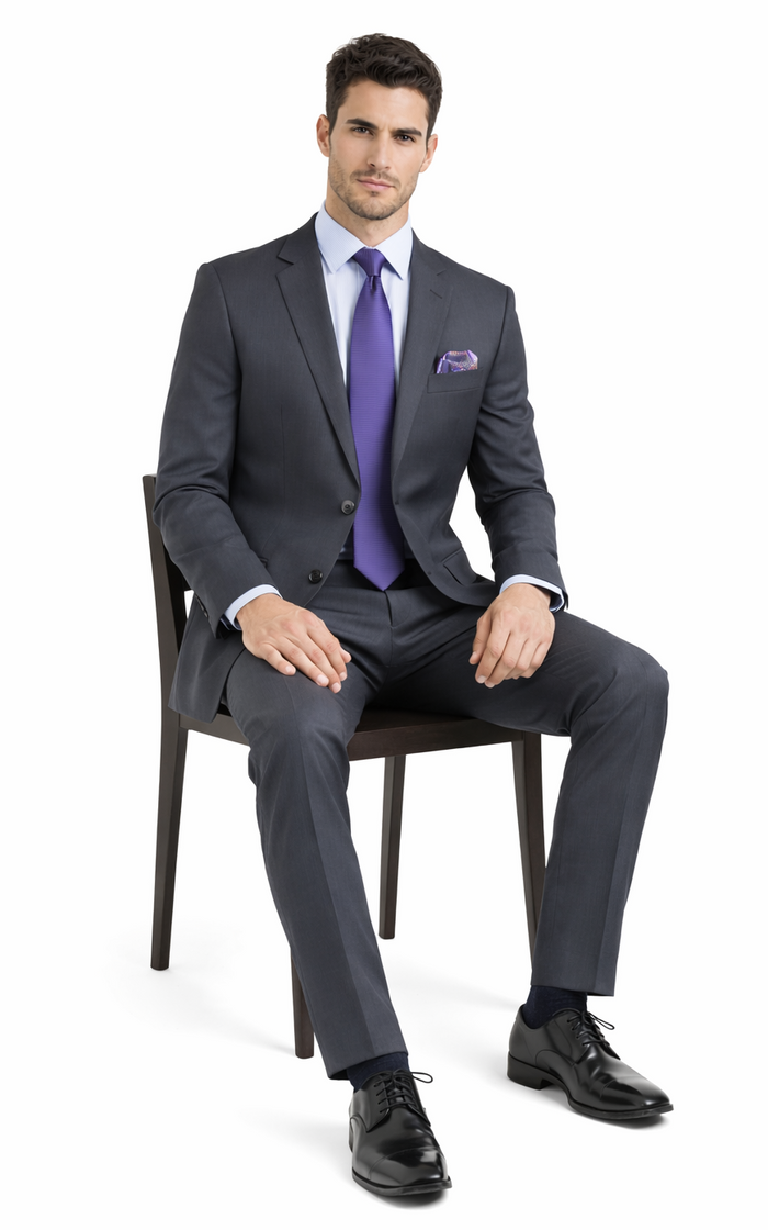 Mantoni wool suit: Black, gray & navy stripe. Tailored cut, structured shoulders, slim fit. Two-button jacket with notch lapels. Straight-leg pants. Pinstripe pattern.
