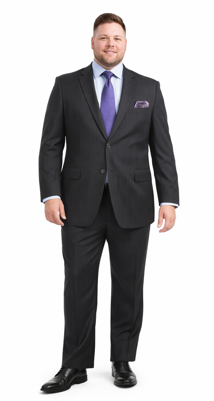 Two-button wool suit with black, gray & navy stripes. Notched lapels, side pockets & straight-cut trousers. Formal wear, wool fabric.

