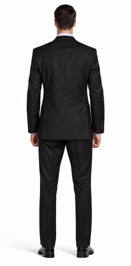 Mantoni black slim fit suit with a tailored structure, straight back, and fitted shoulders. Solid black, smooth fabric with slight sheen. Straight-legged pants.
