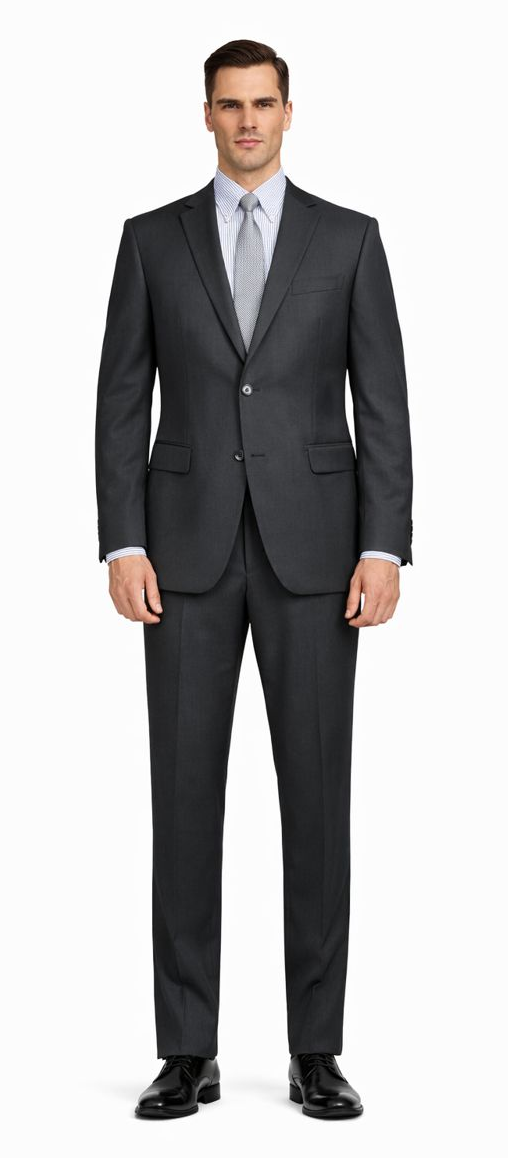 Modern fit Mantoni black suit. Two-button closure, notch lapel. Smooth fabric. Tailored silhouette, flat front trousers, side pockets. Classic and versatile.
