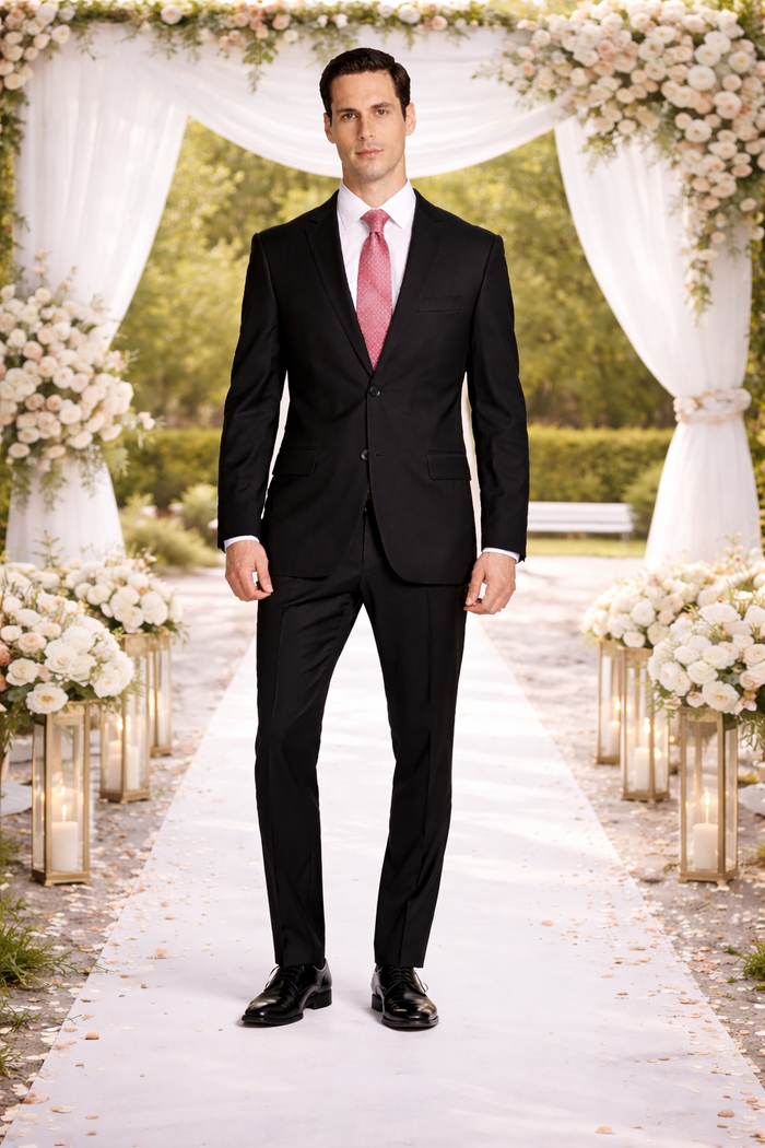 Mantoni black slim-fit suit: Tailored 2-button design with a notched lapel. Features smooth fabric, front pockets, and slim-fit trousers.
