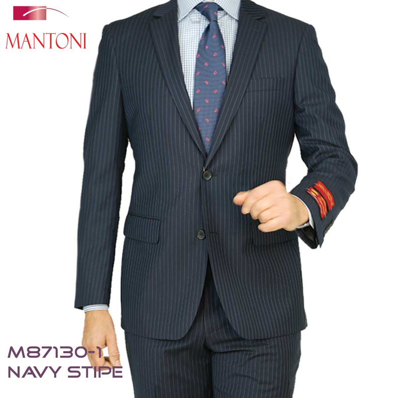 Navy wool suit with gray stripes. Two-button closure, notched lapel, flap pockets, and contrasting inner cuff fabric. Tailored, form-fitting design.
