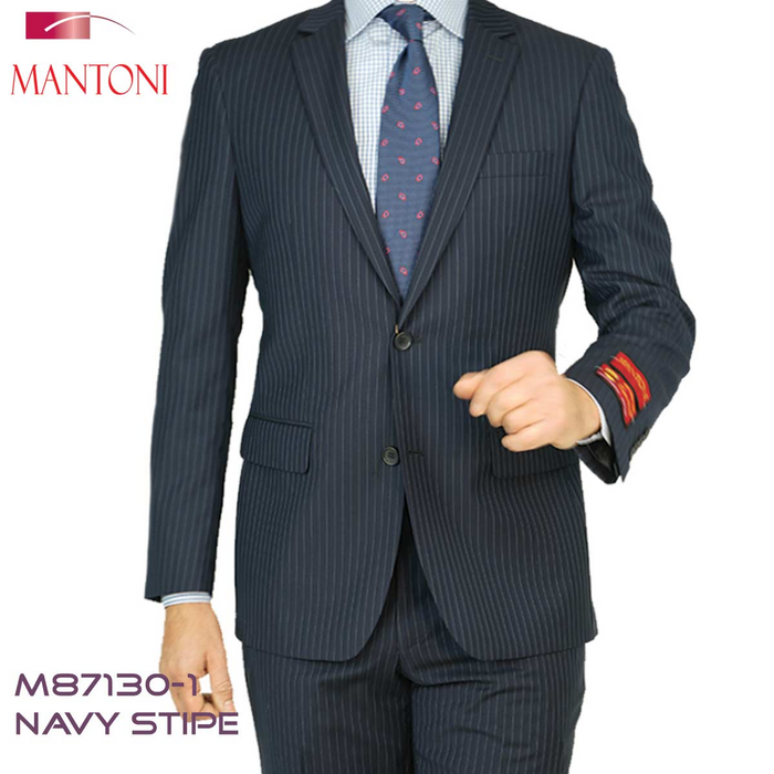 Navy wool suit with gray stripes. Two-button closure, notched lapel, flap pockets, and contrasting inner cuff fabric. Tailored, form-fitting design.
