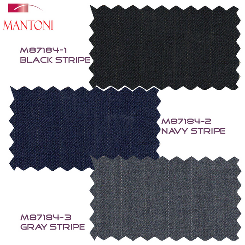 Mantoni wool suit with black, navy, and gray stripe fabric swatches. Features three textures with visible fibers. Vertical stripes for a structured, clean look.

