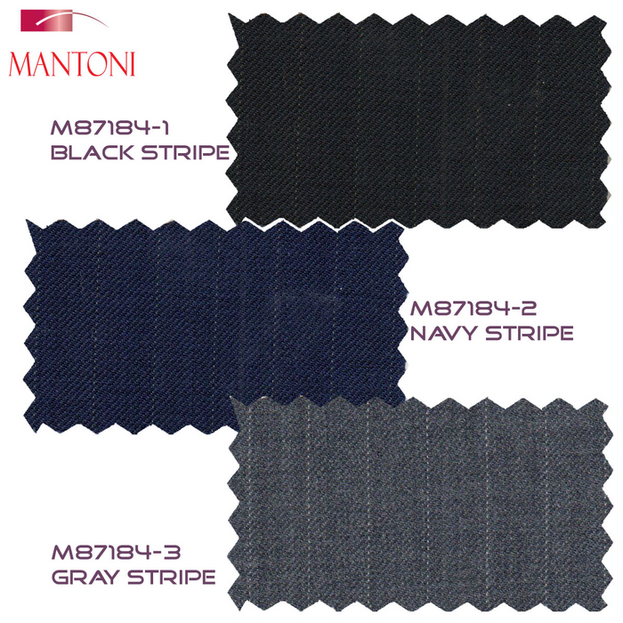 Mantoni wool suit with black, navy, and gray stripe fabric swatches. Features three textures with visible fibers. Vertical stripes for a structured, clean look.
