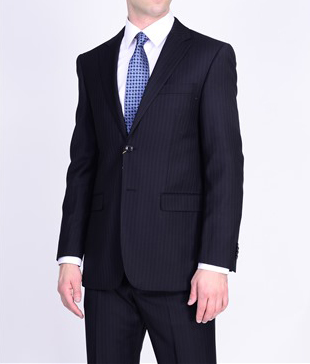 Wool suit with gray/navy stripes, two-button closure, and notch lapels. Tailored fit jacket with two front pockets.
