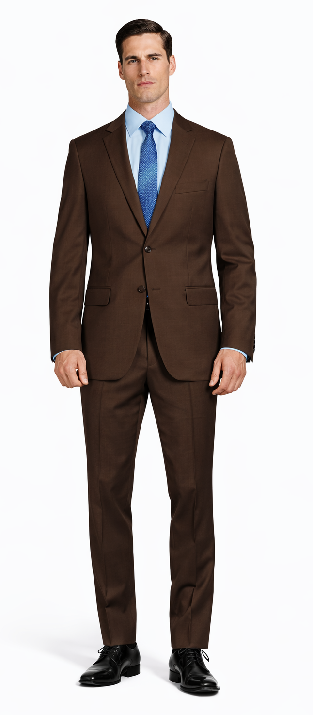 Mantoni brown wool suit: fitted, tailored design. Structured blazer with notched lapel, two front pockets. Straight-leg trousers. Subtle sheen, classic two-button closure. Primarily brown.
