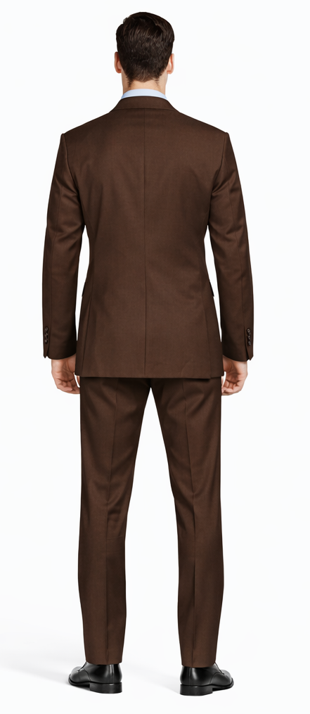 Albertonardoni Mantoni brown wool suit: tailored, dark brown, two-button blazer with structured back, matching fitted trousers. Streamlined shape for a formal look.
