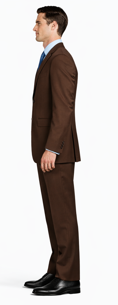 Albertonardoni Mantoni brown wool suit: tailored, two-button, single-breasted jacket, slim-fit trousers. Features rich brown wool, two pockets, side vent. Paired with light blue shirt, patterned tie, black shoes; classic silhouette.
