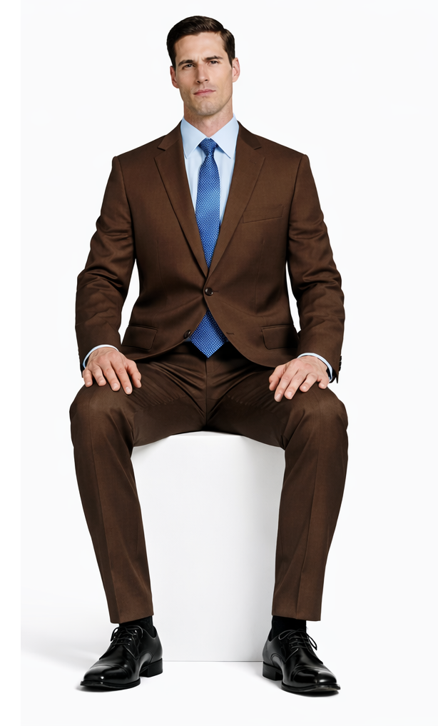 Mantoni brown wool suit: tailored fit, structured silhouette. Two-button jacket, notched lapel, matching trousers. Deep brown wool, smooth texture. Paired with light blue shirt, patterned tie & black dress shoes.
