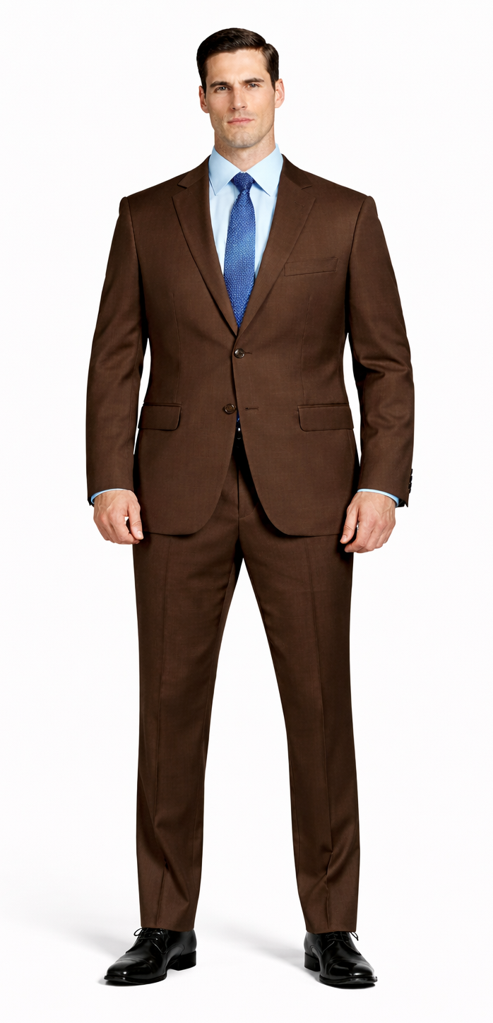 Mantoni brown wool suit: tailored fit, textured fabric. Classic two-button closure, notched lapel. Straight-cut trousers match the jacket's color and material for a cohesive look.
