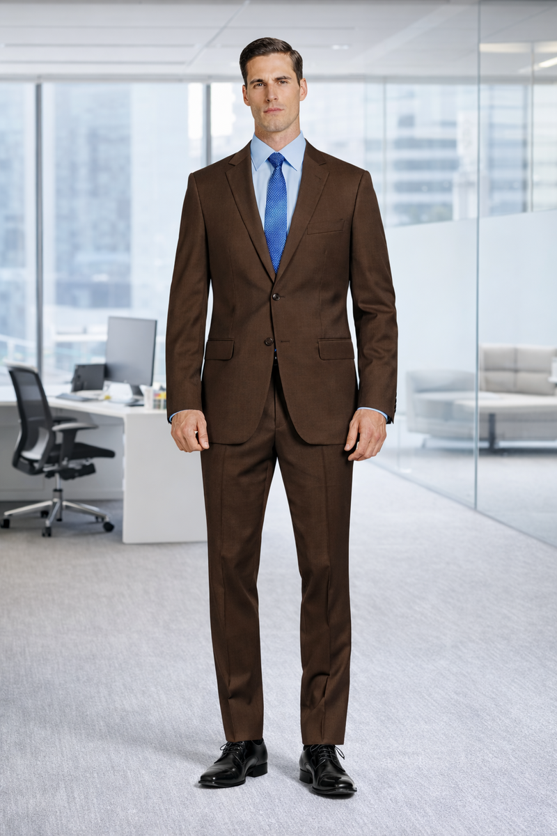Mantoni brown wool suit: fitted, structured blazer, tapered trousers. Smooth wool with subtle sheen. Notched lapel, two buttons, side pockets. Straight-leg trousers, tailored finish.
