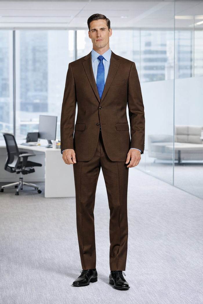 Mantoni brown wool suit: fitted, structured blazer, tapered trousers. Smooth wool with subtle sheen. Notched lapel, two buttons, side pockets. Straight-leg trousers, tailored finish.
