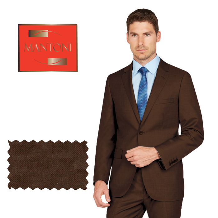 Mantoni brown wool suit by Albertonardoni. Two-button, notch lapel, and straight-cut trousers. Subtle texture, crafted from wool for a structured fit.
