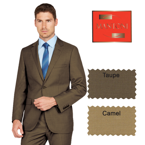 Taupe Mantoni wool suit with a classic tailored fit. Two-button closure, notched lapel, and structured silhouette. Features a breast and flap pockets. Durable wool construction.

