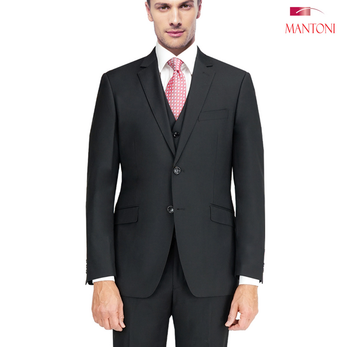 Mantoni charcoal wool suit: Tailored, single-breasted, two-button closure. Smooth charcoal wool. Notch lapels, front/chest pockets. Sleek design, modern lining. Central buttons for a formal look.
