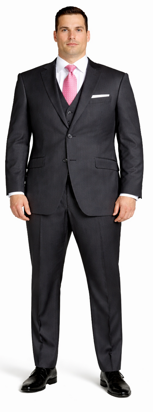 Mantoni charcoal two-button wool suit. Tailored fit, dark charcoal color. Single-breasted jacket with notched lapel. Straight-leg trousers. White pocket square. Formal and streamlined.

