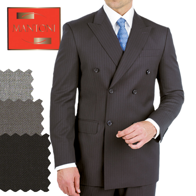 Elegant Mantoni double-breasted suit in black wool with subtle pinstripes. Tailored design featuring a jacket with notched lapels and two rows of buttons.
