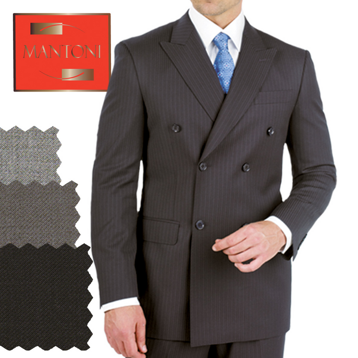 Elegant Mantoni double-breasted suit in black wool with subtle pinstripes. Tailored design featuring a jacket with notched lapels and two rows of buttons.
